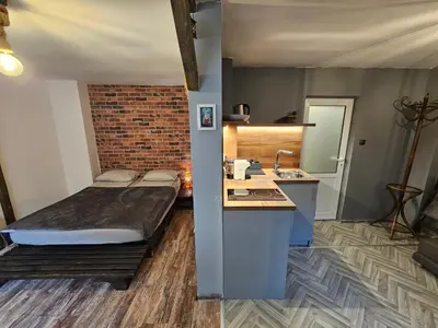 a bedroom with a bed and a sink in it at Hot Spot Studio in the center in Sofia
