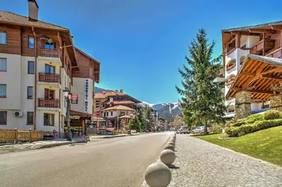 a street in a town with buildings and a tree at Gondola Flat Number 5 in Bansko