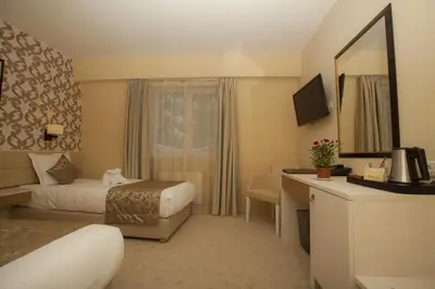 a hotel room with two beds and a desk at Family Hotel Saint George in Sofia