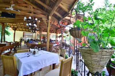 a table with a white table cloth and plants in a restaurant at Family Hotel Gorski Kut in Rilski Manastir