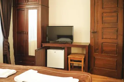 a bedroom with a bed and a tv and a desk at СТАИ ЗА ГОСТИ в КЪЩА КАМЕЛИЯ in Pamporovo