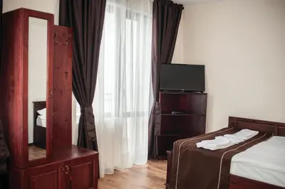 a bedroom with a bed and a tv and curtains at СТАИ ЗА ГОСТИ в КЪЩА КАМЕЛИЯ in Pamporovo