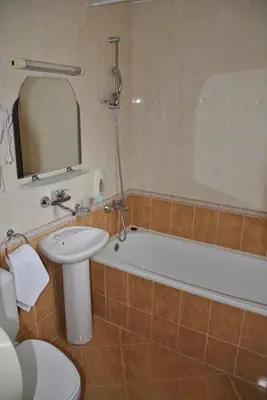 a bathroom with a sink and a tub and a toilet at Family Hotel Shoky in Chepelare