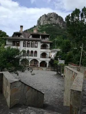 a large white house with a mountain in the background at Family Hotel Silver in Smolyan