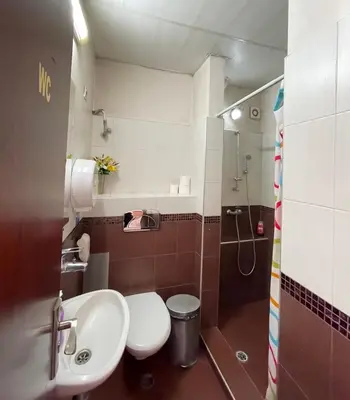 a bathroom with a sink and a toilet and a shower at Rooms Sonata in Kyustendil