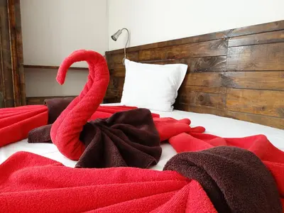 a red swan laying on top of a bed at Hotel Simona Complex in Sofia