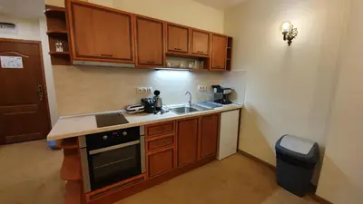 a small kitchen with wooden cabinets and a sink at Simonen Apartments near the Gondola in Bansko