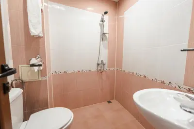 a bathroom with a shower and a toilet and a sink at Семеен хотел Свети Георги in Sandanski