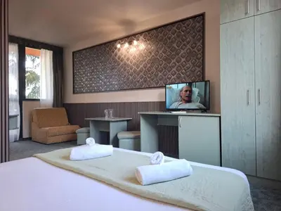 a bedroom with a bed and a tv on a wall at Korona Hotel in Blagoevgrad
