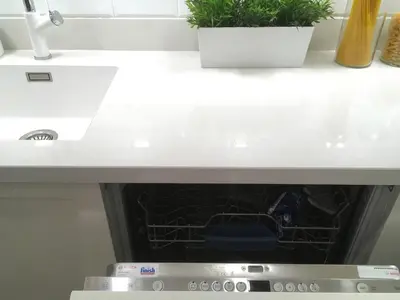 a dishwasher in a kitchen with two plants in it at A luxury apartment with patio and BBQ in Sofia