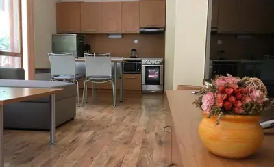 a kitchen with a vase of flowers in a room at Snow Apartment - Bansko in Bansko