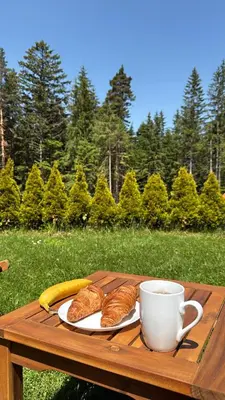 a table with croissants and a cup of coffee and a banana at Berghof Eva - Hotel in Panichishte