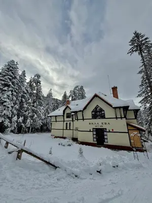 a house is covered in snow in front of trees at Berghof Eva - Hotel in Panichishte