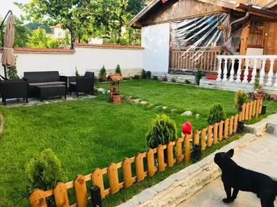 a black dog standing next to a wooden fence at Guest house Grahlyov in Sapareva Banya