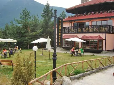 a group of people sitting at tables outside of a building at Hotel Temenuga in Panichishte