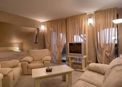 a living room with a bed and a living room with a television at Hotel Temenuga in Panichishte