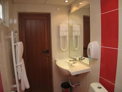 a bathroom with a sink and a mirror and a toilet at Family Hotel Yagoda88 in Sofia