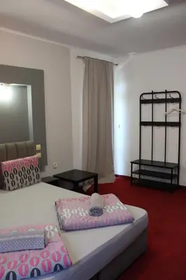 a bedroom with a large bed with pink pillows at Hotel Color in Asenovgrad