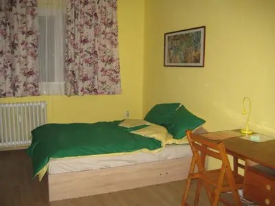a bedroom with a bed with green sheets and a desk at Maria Louisa Apartment in Sofia