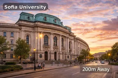 a building on a street with the words santa ana university at Exceptional Refurnished Studio TOP Location in Sofia
