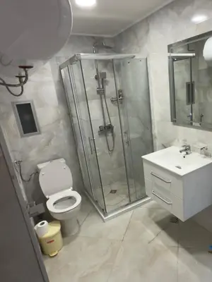 a bathroom with a shower and a toilet and a sink at Apartment 9 in Pamporovo