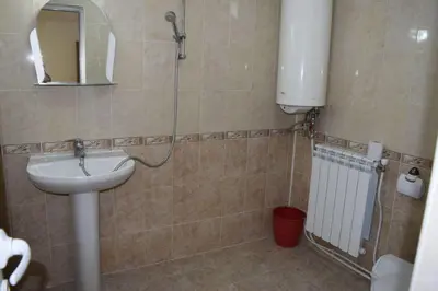 a bathroom with a shower and a sink and a mirror at Стаи за гости 