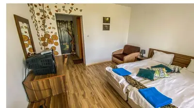 a bedroom with a bed with a television and a chair at Guest House Au Nature in Golyama Zhelyazna