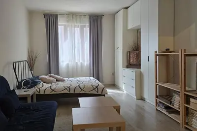a living room with a bed and a window at Red Door Apartment in Sofia