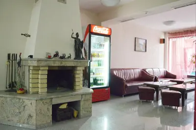 a living room with a fireplace and a couch at Hotel Dumanov in Bansko