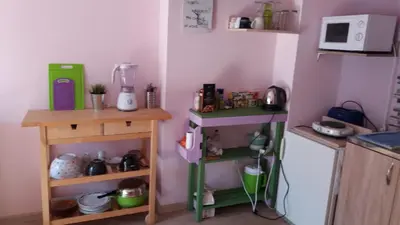 a kitchen with a green shelf and a microwave at Cosy place close to the Center in Sofia
