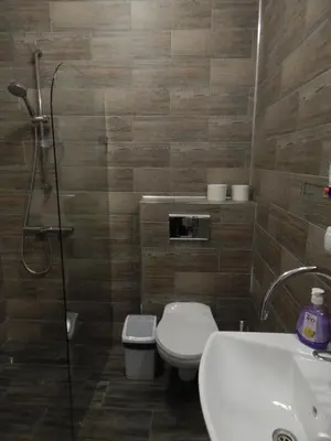 a bathroom with a toilet and a sink and a shower at Red House in Kyustendil