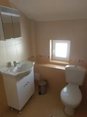 a bathroom with a sink and a toilet and a window at Стаи за гости Елени in Shiroki Dol