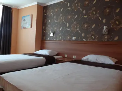 a hotel room with two beds and a floral wallpaper at Hotel Elit in Pernik