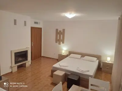 a living room with a bed and a fireplace at the old inn in Bansko