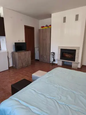 a bedroom with a large bed and a fireplace at the old inn in Bansko