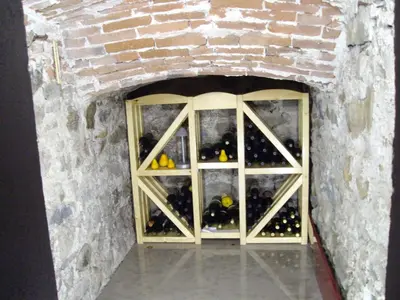 a wine cellar with a window full of wine bottles at Kokoshkovata Boutique House in Samokov