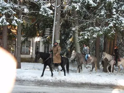 a group of people riding horses in the snow at Saint George Holiday Village in Borovets