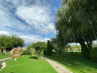 a garden with a tree and green grass at Yaev Family Hotel in Karlovo