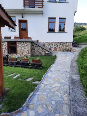 a house with a stone walkway in front of it at вила Здравец in Yagodina