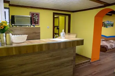 a kitchen with a sink and a tv in a room at Апартамент 