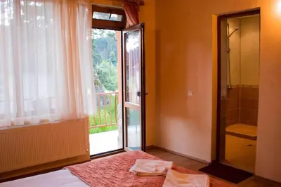 a bedroom with a bed and a window and a shower at Vila Katerina in Yundola