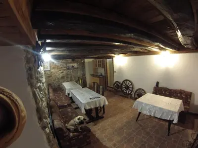 a room with tables and a dog sitting on a couch at Къща за гости с минерална вода 