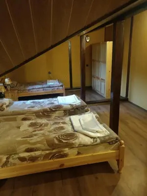 two beds in a room with a mirror at Къща за гости с минерална вода 