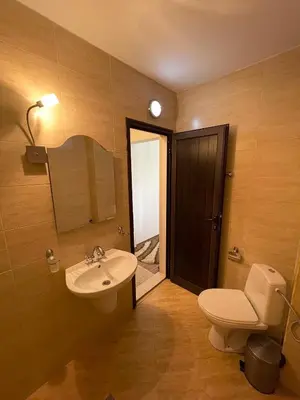 a bathroom with a sink and a toilet and a mirror at Hotel Slavova Krepost in Melnik