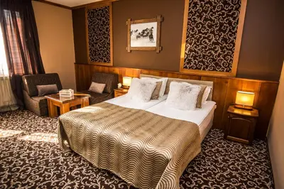 a hotel room with a bed and a chair at Elida Family Hotel in Bansko