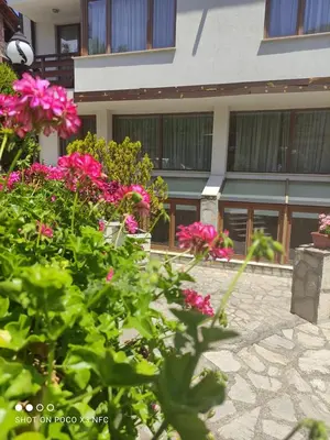 a bunch of pink flowers in front of a building at Guest House Ela in Bansko