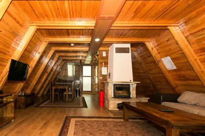 a living room with a fireplace in a wooden cabin at Romantica Forest Guest House in Dospat