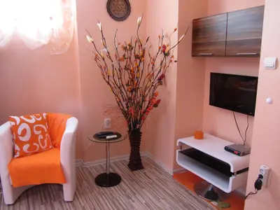 a living room with a chair and a piano at Orange Flower Apartments in Sofia