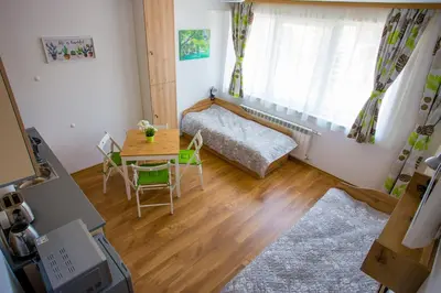 a small living room with a table and a bed at Apartment IVA - Iglika 2 in Borovets