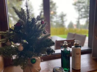 a christmas tree on a table next to two shampoo bottles at Pirin Golf and Spa Luxury Chalet in Bansko
